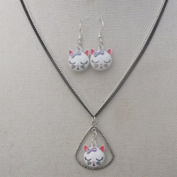 PRICE DROP!  Host Pick. White Kitty Pendant Necklace Earrings Sterling Wires - Picture 1 of 3